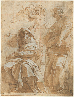 Raphael, The Prophets Hosea and Jonah, c. 1510, pen and brown ink with brown wash over charcoal and blind stylus, heightened with white gouache and squared for transfer with blind stylus and red chalk, on laid paper, National Gallery of Art, Washington, The Armand Hammer Collection, 1991.217.4